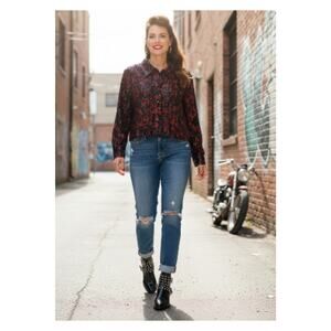 Y2K USA Red Flame Black Crop Jacket Top Sparkle S Rockabilly Punk Button Vintage